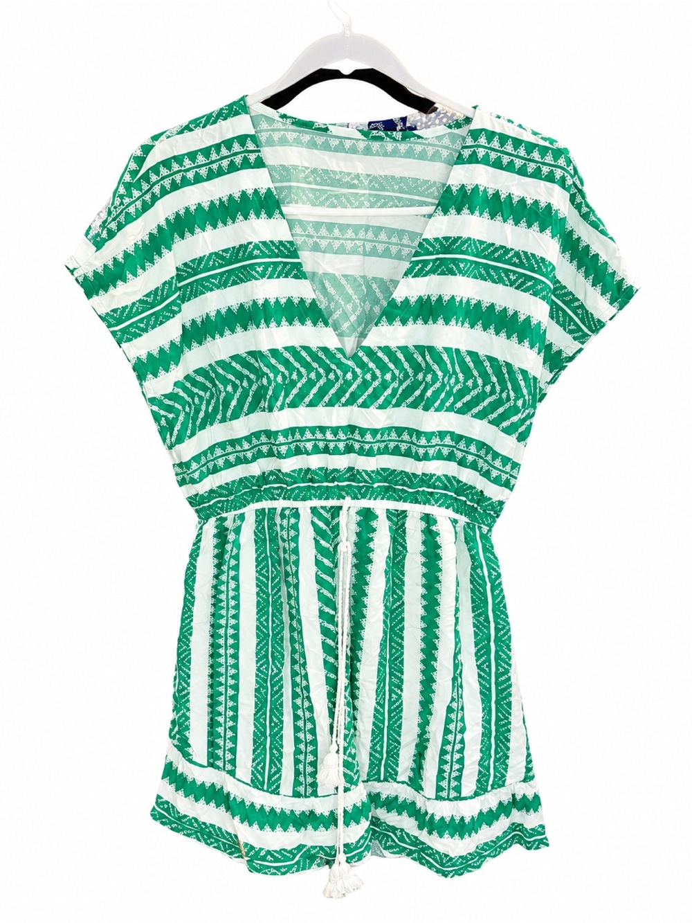 Green & White Striped V-Neck Romper